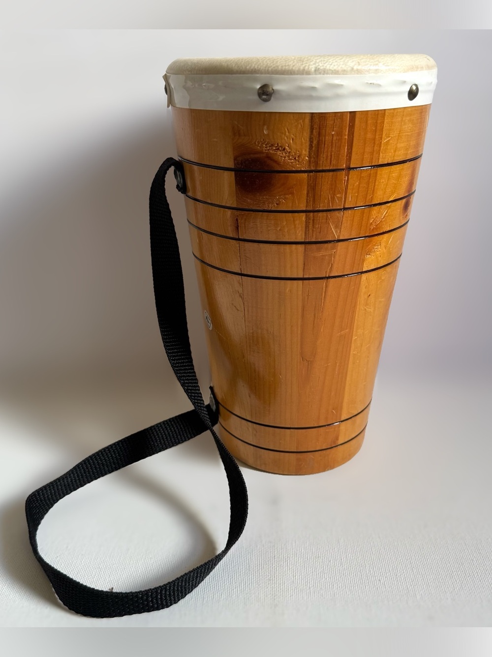 Vtg Mexican Wooden Hand Drum Folk Art Percussion Shoulder Strap Boho Rustic